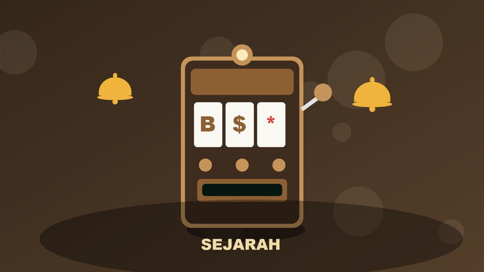 Ilustrasi mesin slot antik bergaya sepia dengan lonceng Liberty Bell