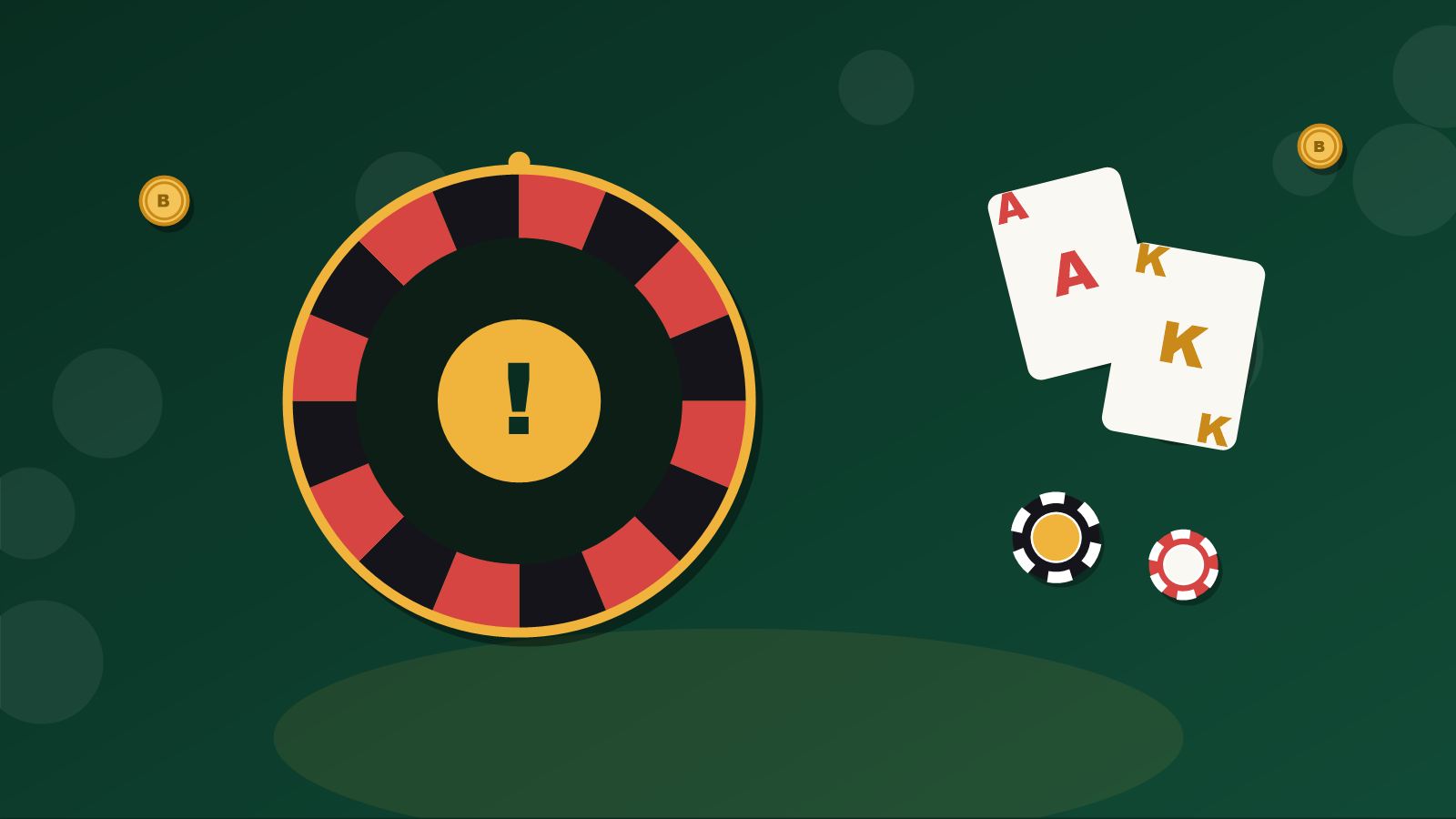 Ilustrasi roda roulette, kartu remi, dan tumpukan keping casino pada meja hijau
