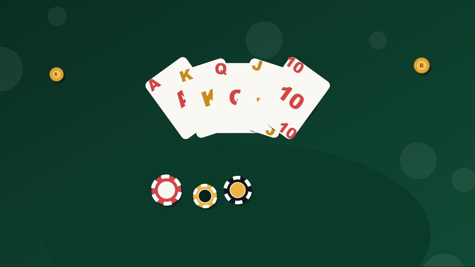 Ilustrasi lima kartu remi membentuk kipas di atas meja hijau dengan tumpukan keping poker