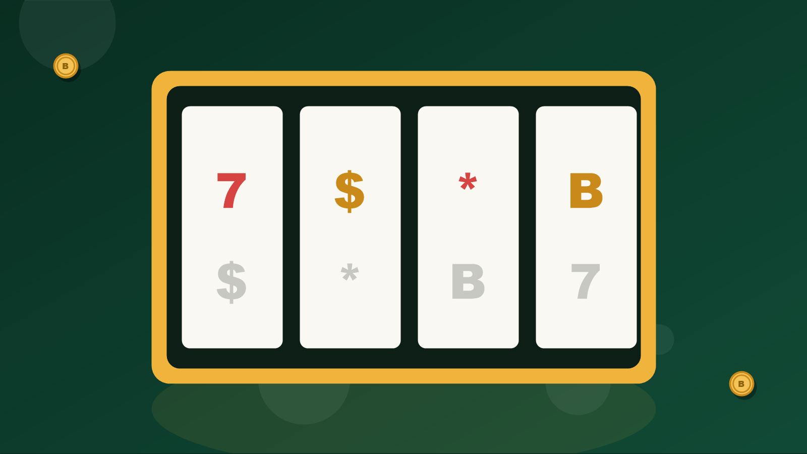 Ilustrasi gulungan slot dengan simbol tujuh, dolar, dan lonceng yang berputar