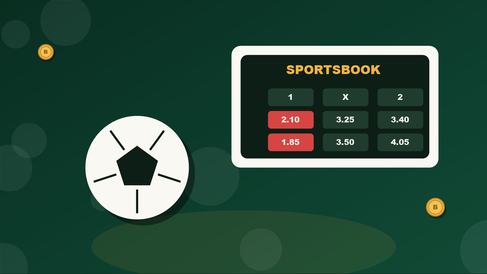 Ilustrasi bola sepak dan papan odds pertandingan dengan angka desimal pada latar hijau
